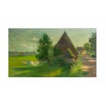 Amelie Ruths (1871 Hamburg - 1956 ebenda) Landschaft mit Wäscheleine und Bauernhaus, Öl auf