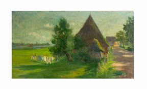 Amelie Ruths (1871 Hamburg - 1956 ebenda) Landschaft mit Wäscheleine und Bauernhaus, Öl auf