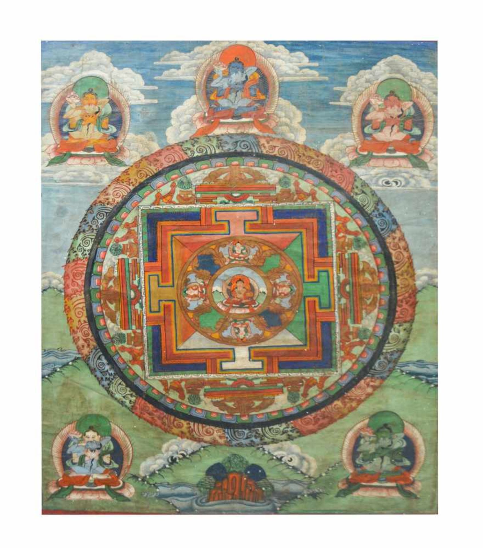 Paar Thangkas Tibet, frühes 20. Jh., Gouache auf feinem Leinen, mit Brokatstoff umrahmt, 97 cm x