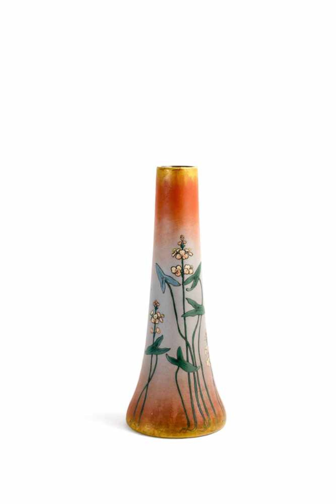 Keramikvase Villeroy & Boch, Mettlach, 1898, eingeritzer Blumendekor, Keramik, Chromolith, Höhe 34,2