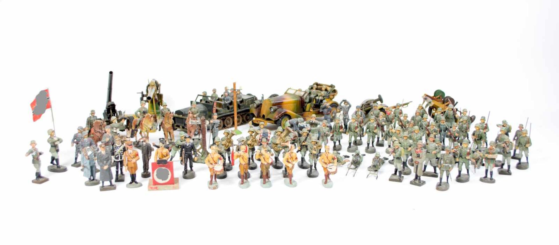 Konvolut Militärspielzeug ca. 95-tlg., Elastolin und Lineol, 1935-1942, Holz, 2 Fahrzeuge, ein