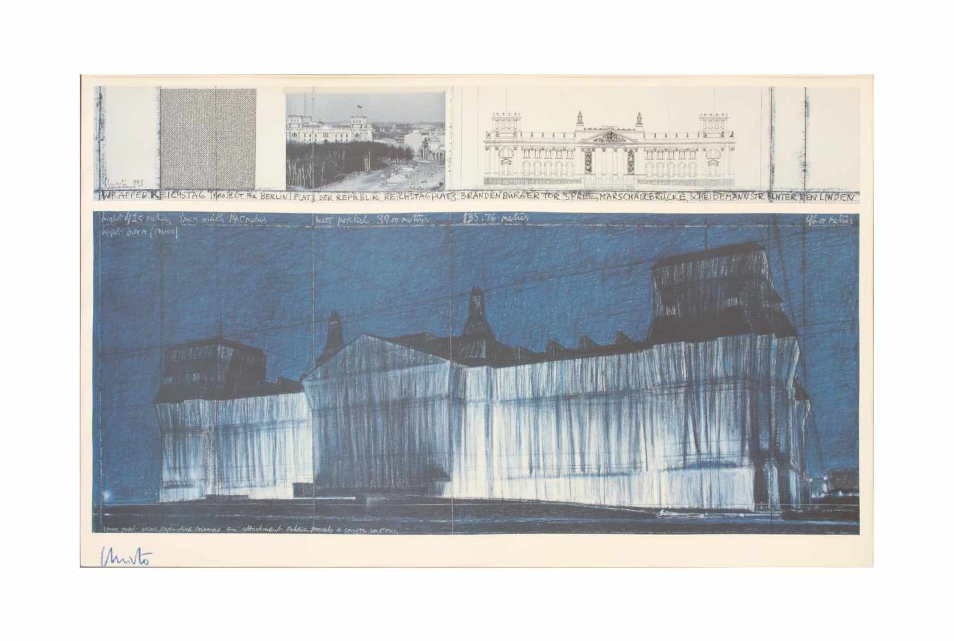 Christo (1935 Gabrowo) Wrapped Reichstag, Project for Berlin Nr. VII, Vierfarbenoffset im Nass-in-