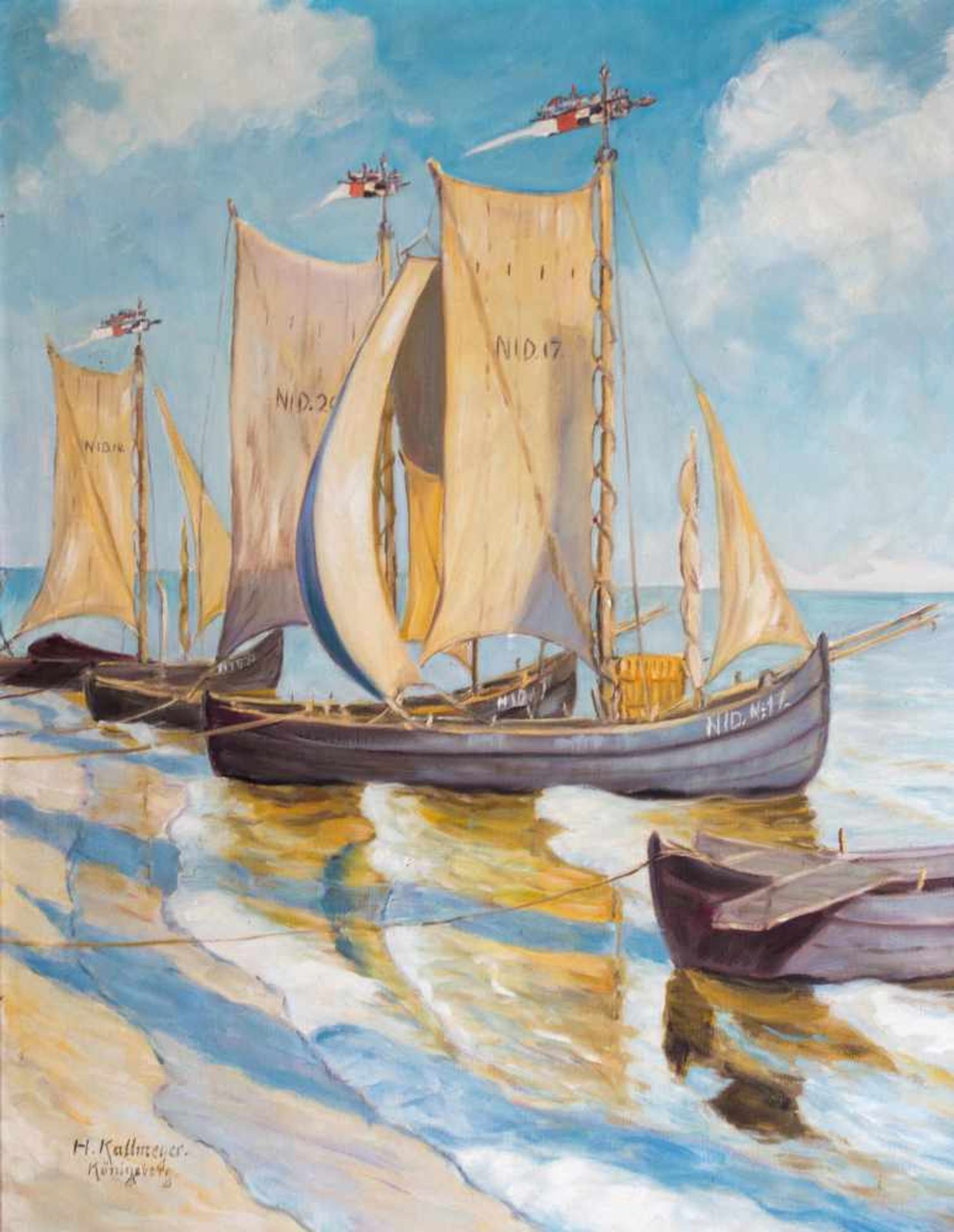 Hans Kallmeyer (1882 Erfurt - 1961 Bayreuth) Schiffe im Hafen, Öl auf Leinwand, 90 cm x 70 cm, unten