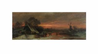 Adolf Stademann (1824 München - 1895 ebenda) Winterliche Abendszene, Öl auf Holz, 9,8 cm x 24,6