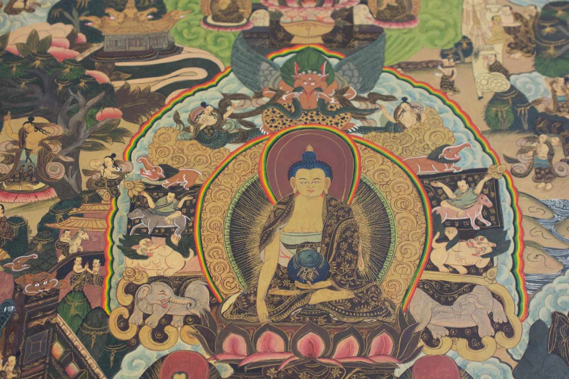 Thangka Tibet, 19. Jh., Gouache auf feinem Leinen, zentraler Buddha 'Siddhartha Gautama', 75 cm x 54 - Image 4 of 4