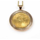 Kette mit Dollar-Anhänger 900 Gelbgold, Kette 585 Gelbgold, 20 Dollar Münze, United States of