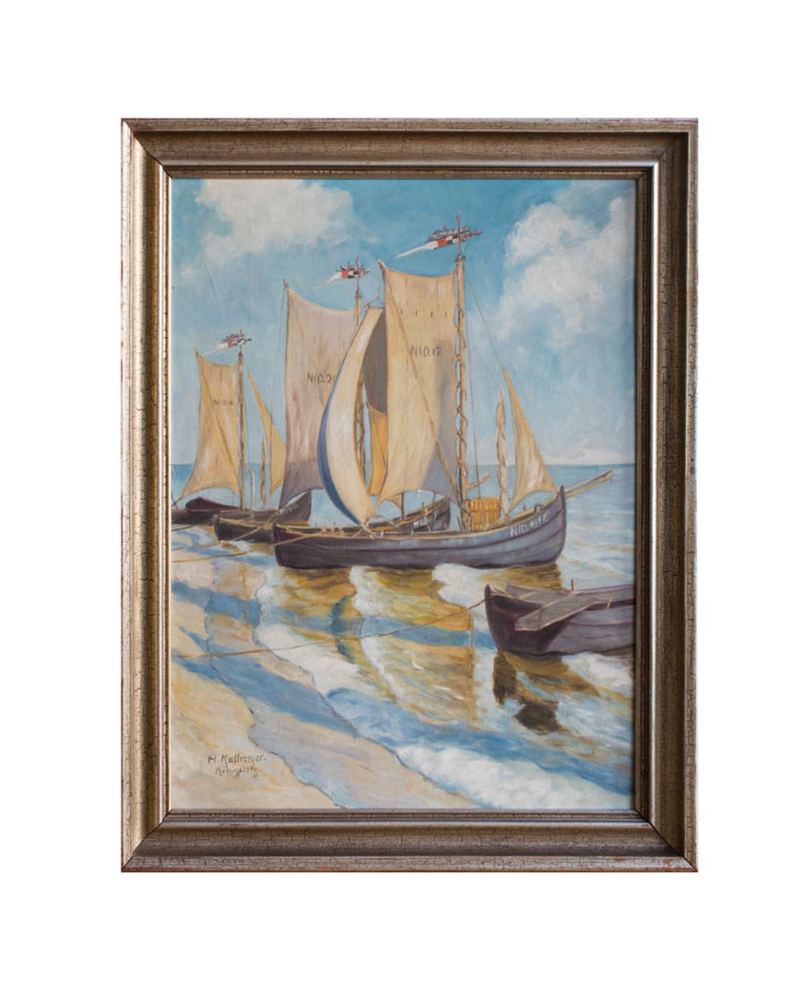 Hans Kallmeyer (1882 Erfurt - 1961 Bayreuth) Schiffe im Hafen, Öl auf Leinwand, 90 cm x 70 cm, unten - Bild 4 aus 4