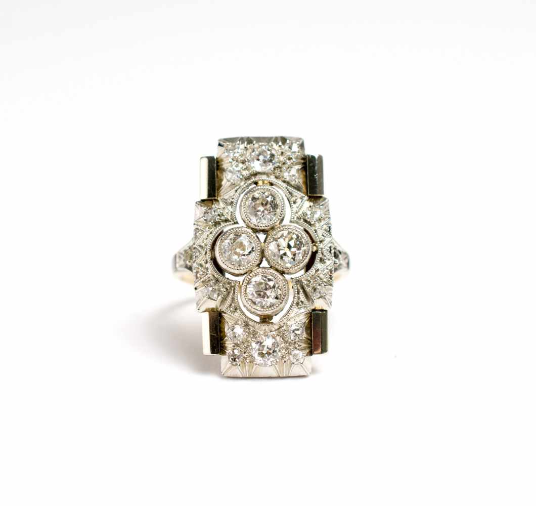 Damenring 585 Gelbgold und Platin, Altschliff-Diamanten und Diamantrosen, gesamt ca. 1,15 ct,