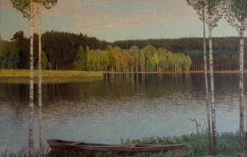 Paul Vorgang (1860 Berlin - 1927 ebenda) Grunewaldsee mit Fischerboot, Öl auf Leinwand, 97,5 cm x