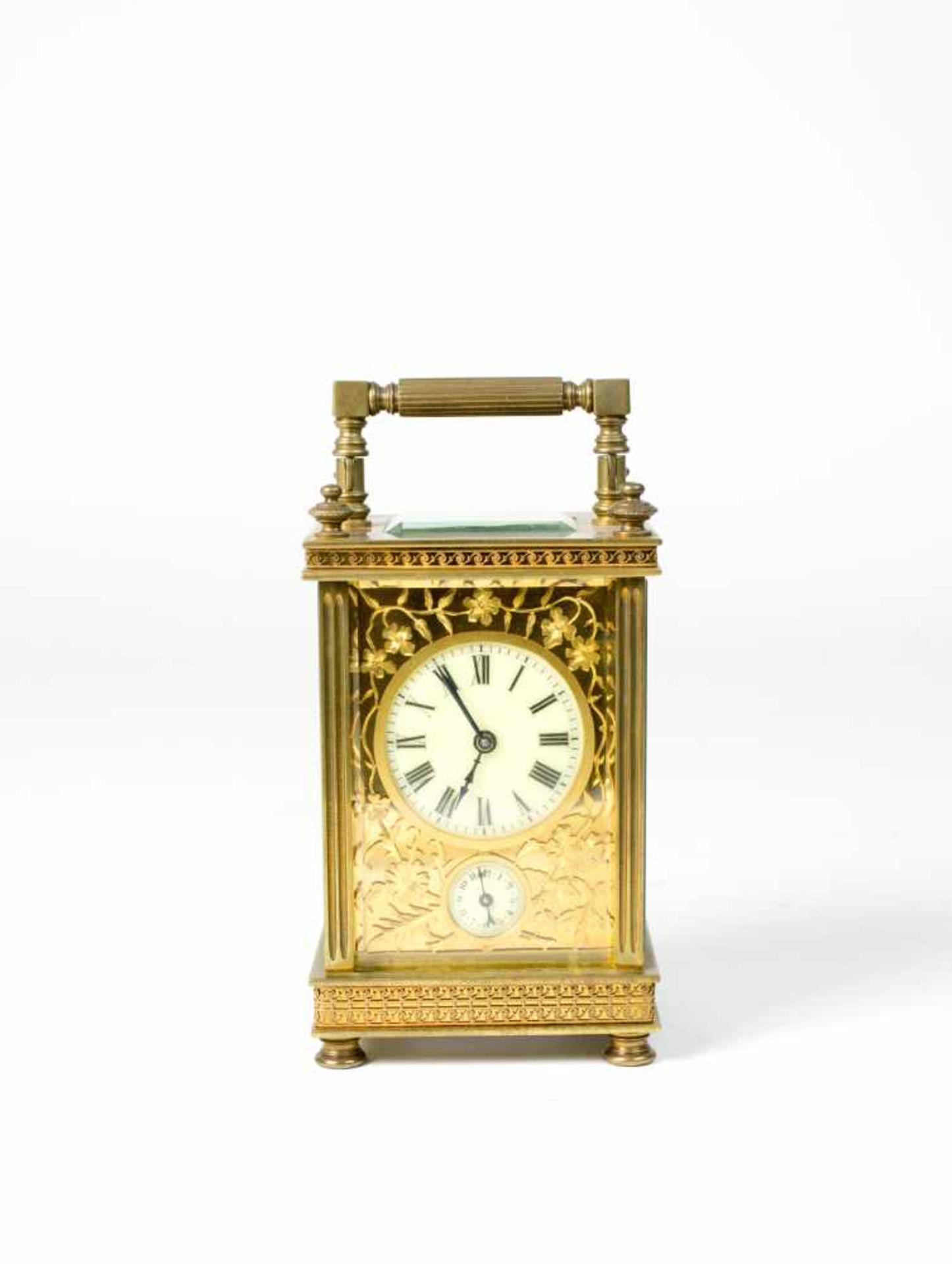 Reisewecker Um 1850, Messing, 5-seitig verglast, Höhe 14,8 cm, 8-Tage-Werk, Wecker auf Glocke,