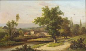 William Yates (19. Jh., England) Idyllische Landschaft mit Brücke, Öl auf Leinwand, 30 cm x 51 cm,