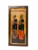 Ikone 'Cosmas und Damian' Russland, 18. Jh., Tempera auf Holz, 30 cm x 14,7 cm, restauriert,