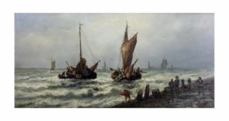 La Roche (19. Jh., Frankreich) Boote auf rauer See, Öl auf Platte, 63 cm x 31 cm, unten links 1881