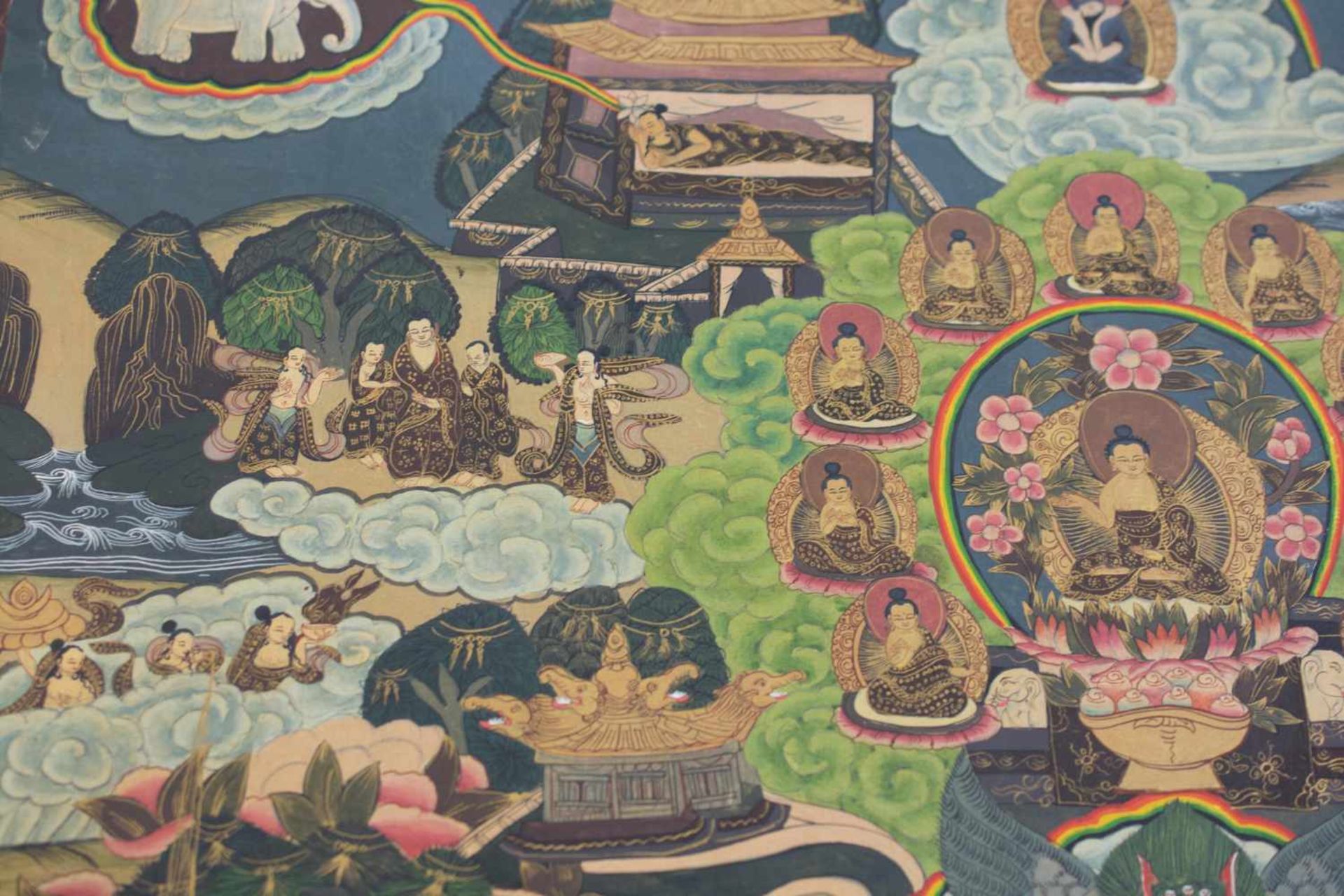 Thangka Tibet, 19. Jh., Gouache auf feinem Leinen, zentraler Buddha 'Siddhartha Gautama', 75 cm x 54 - Image 2 of 4