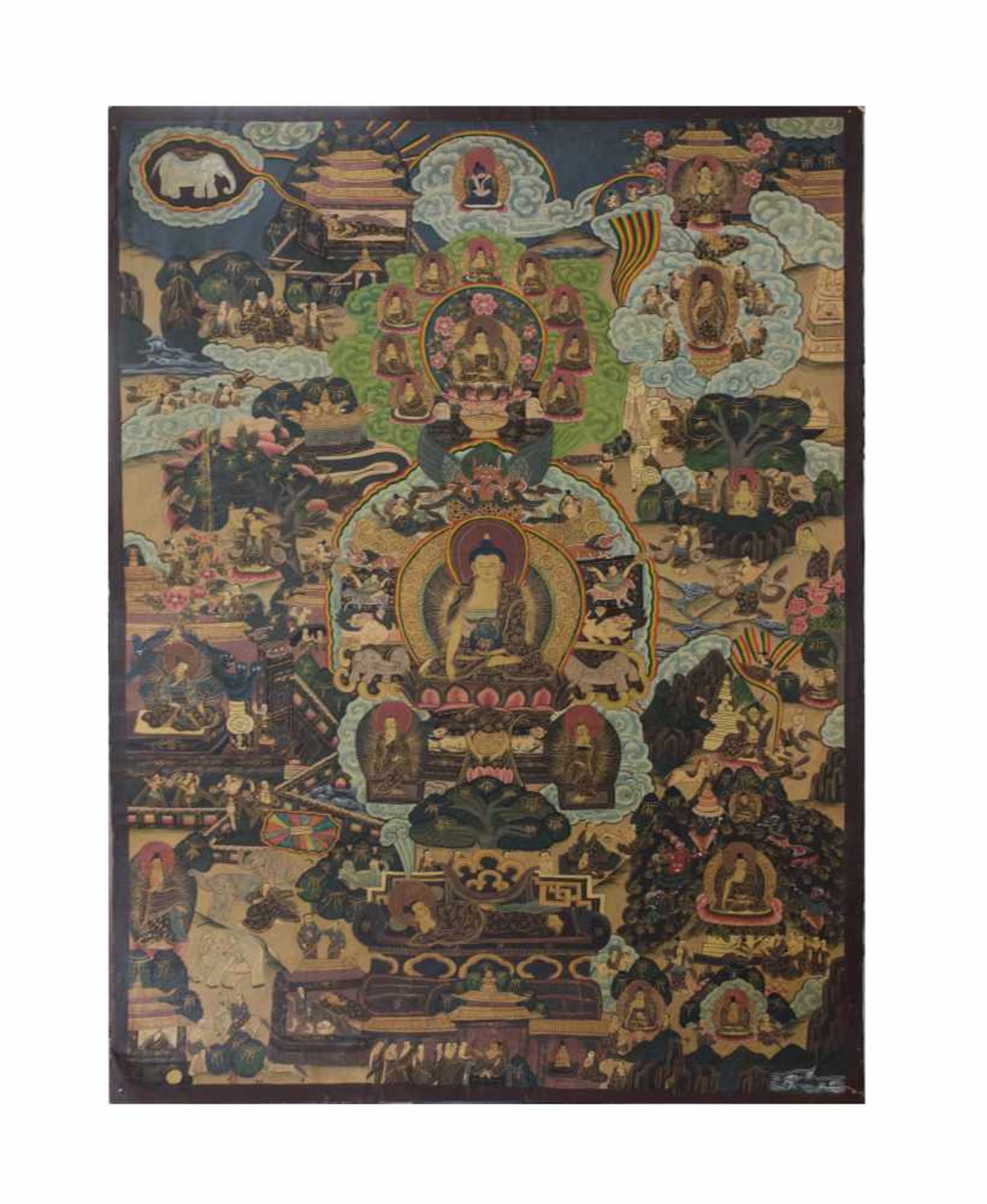 Thangka Tibet, 19. Jh., Gouache auf feinem Leinen, zentraler Buddha 'Siddhartha Gautama', 75 cm x 54