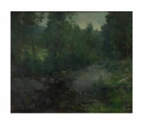 Wilhelm Brandenberg (1889 Essen - 1975 Krefeld) Waldlandschaft mit Fluss, Öl auf Platte, 50 cm x