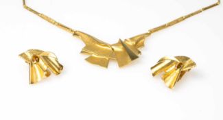 Collier und Paar Ohrclips Lapponia Jewelry, Helsinki, 750 Gelbgold, Länge Kette ca. 44 cm, Clips 1,7