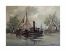 Walter Ritzenhofen (1920 Düsseldorf - 2002 ebenda) Flusslandschaft mit Schiff, Öl auf Platte, 60