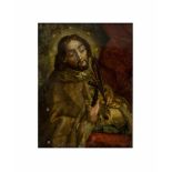Unbekannter Künstler (19. Jh.) Mann mit Totenkopf und Kreuz, Hinterglasmalerei auf Glas, 25,8 cm x