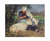 Julius Paul Junghanns (1878 Wien - 1958 Düsseldorf)Rastende Ziegenhirtin, Öl auf Leinwand, 50,5 cm x