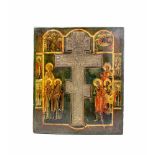 Kreuzikone 'Staurothek'Russland, 19. Jh., Tempera auf Holz, zentrales Bronzekreuz, 31 cm x 26 cm,