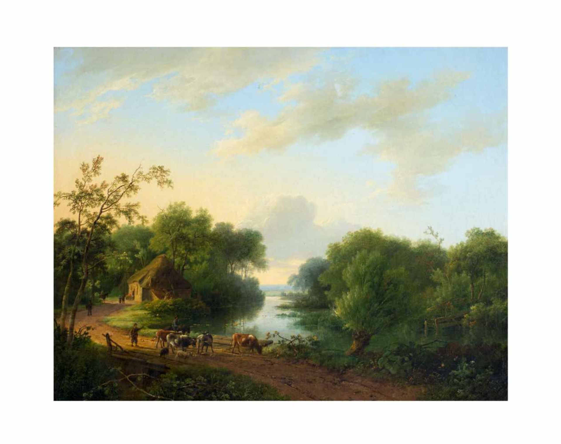 Unbekannter Künstler (19. Jh.)Kuhhirte vor idyllischer Flusslandschaft, Öl auf Leinwand, 47 cm x