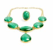 Collier und Damenring585 Gelbgold, 7 Malachite, Damenring, Malachit 25 mm x 18 mm, Collier, Malachit