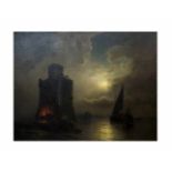 Julius Köhnholz (1839 Bremen - 1925 ebenda)Leuchtturm vor abendlichem Meer, Öl auf Leinwand,