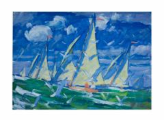 Heinrich Emil Adametz (1884 Düsseldorf - 1972 Berlin)Möwen, Segel, Wind und Wolken, Öl auf Platte,