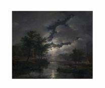 Unbekannter Künstler (18. Jh.)Flusslandschaft bei Mondschein, Öl auf Platte, 34 cm x 39 cm,