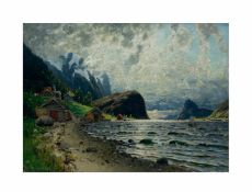 Adelsteen Normann (1848 Bodö - 1918 Oslo)Norwegische Landschaft mit Häusern, Öl auf Leinwand, 72