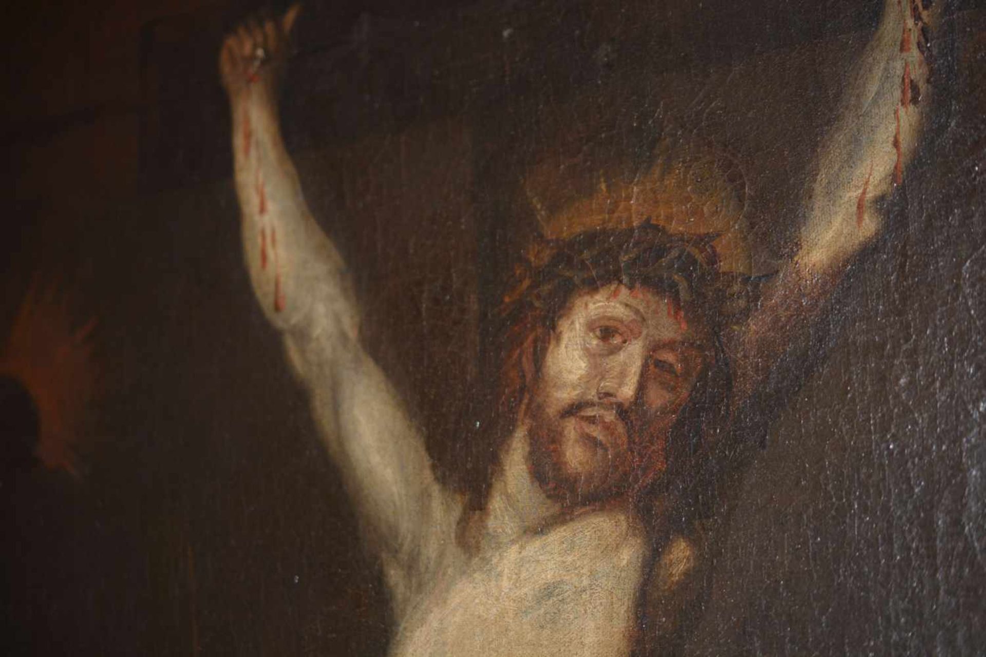 Flämischer Meister (17. Jh.)Stifterbild mit Kreuzigungsszene, Öl auf Leinwand, doubliert, 116 cm x - Image 4 of 6