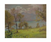 Oswald Grill (1878 Wien - 1964 ebenda)Frühlingsstimmung am Bergsee, Öl auf Platte, 60,5 cm x 71,5