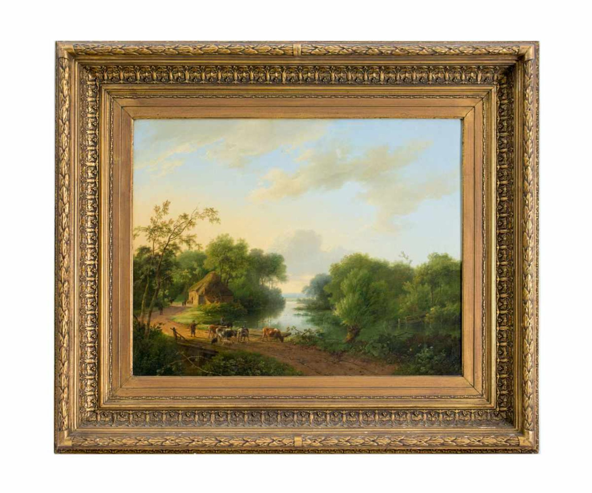 Unbekannter Künstler (19. Jh.)Kuhhirte vor idyllischer Flusslandschaft, Öl auf Leinwand, 47 cm x - Bild 2 aus 5