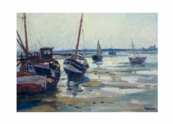 Günther Petersen (1920 Westerland - 2014 Kiel)Fischerboote vor Sylt bei Ebbe, Öl auf Leinwand, 70 cm