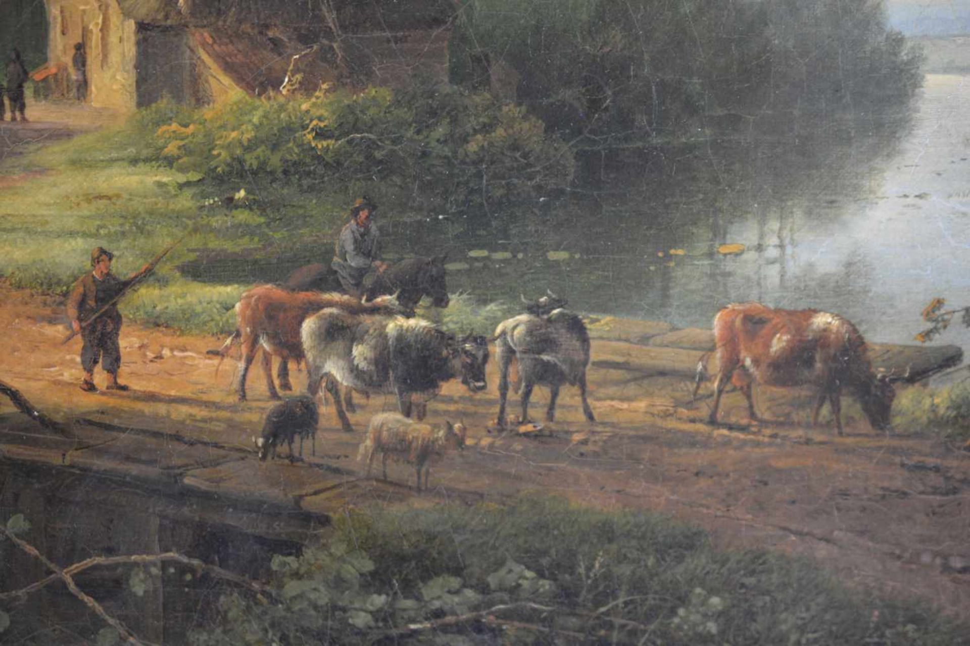 Unbekannter Künstler (19. Jh.)Kuhhirte vor idyllischer Flusslandschaft, Öl auf Leinwand, 47 cm x - Bild 4 aus 5