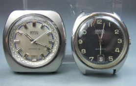 PAAR ARMBANDUHREN: BWC SWISS / pair of wristwatches. Edelstahlgehäuse ohne Armband. Zifferblätter