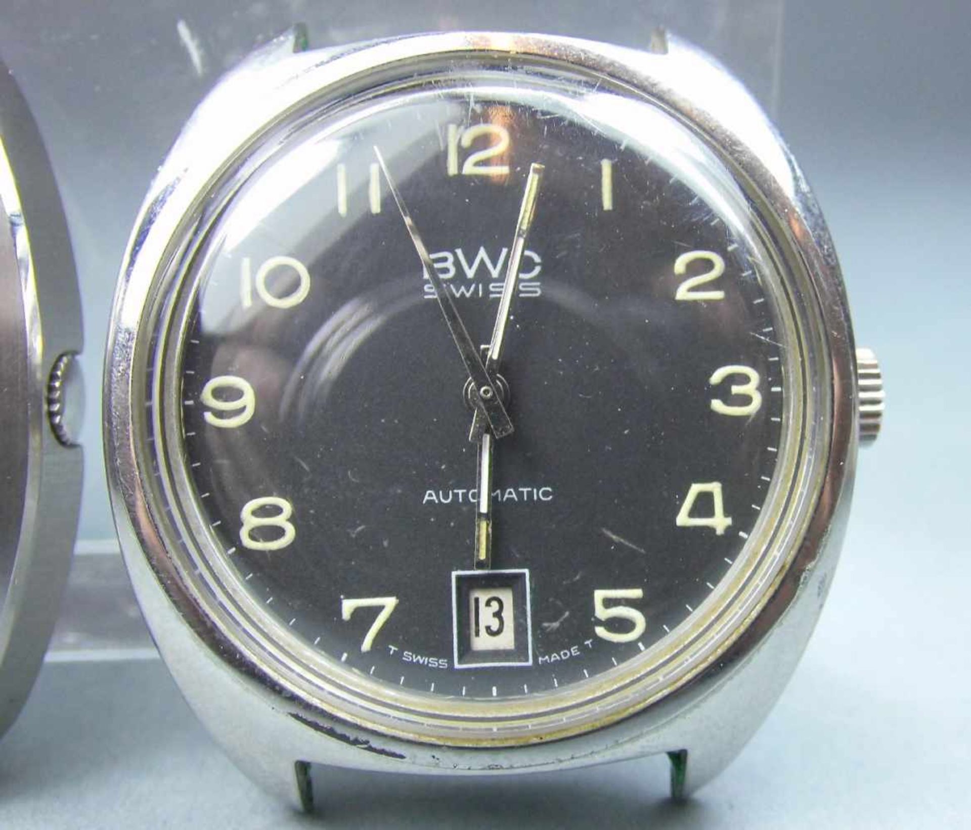 PAAR ARMBANDUHREN: BWC SWISS / pair of wristwatches. Edelstahlgehäuse ohne Armband. Zifferblätter - Bild 3 aus 5