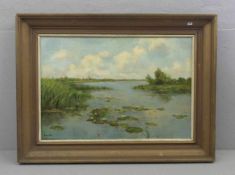 GEMÄLDE / painting: "Weite Seenlandschaft mit Seerosen", Öl auf Leinwand / oil on canvas, u. l.