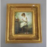 ROHNER, D. (Maler des 20. Jh.), Gemälde / painting: "Mädchen bei der Handarbeit", Öl auf Holz /