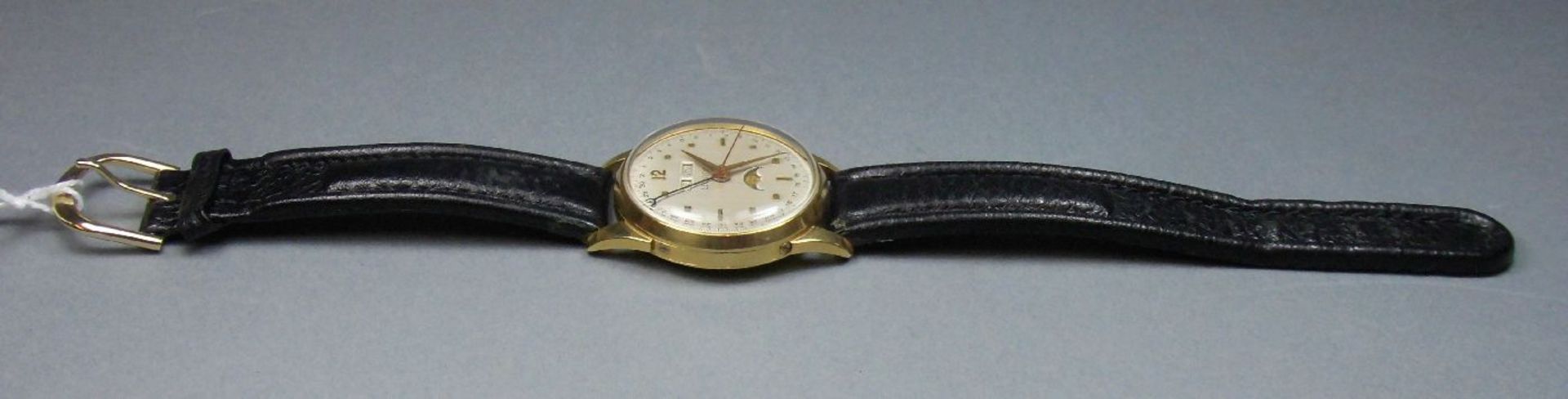 GOLDENE VINTAGE ARMBANDUHR / CHRONOGRAPH MIT VOLLKALENDER / wristwatch, Handaufzug, Manufaktur - Bild 2 aus 7