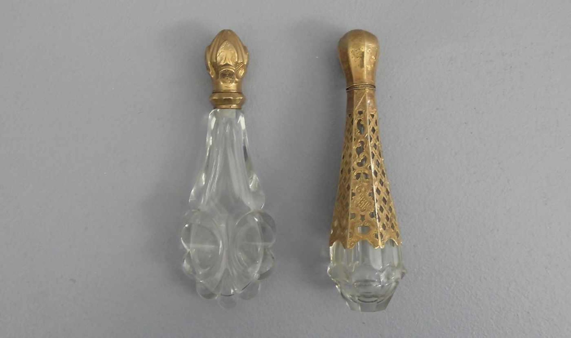 PAAR PARFÜM - FLAKONS / RIECHFLÄSCHCHEN / perfume bottles, Glas und Gold (getestet), um 1900 / 1. H. - Bild 2 aus 6