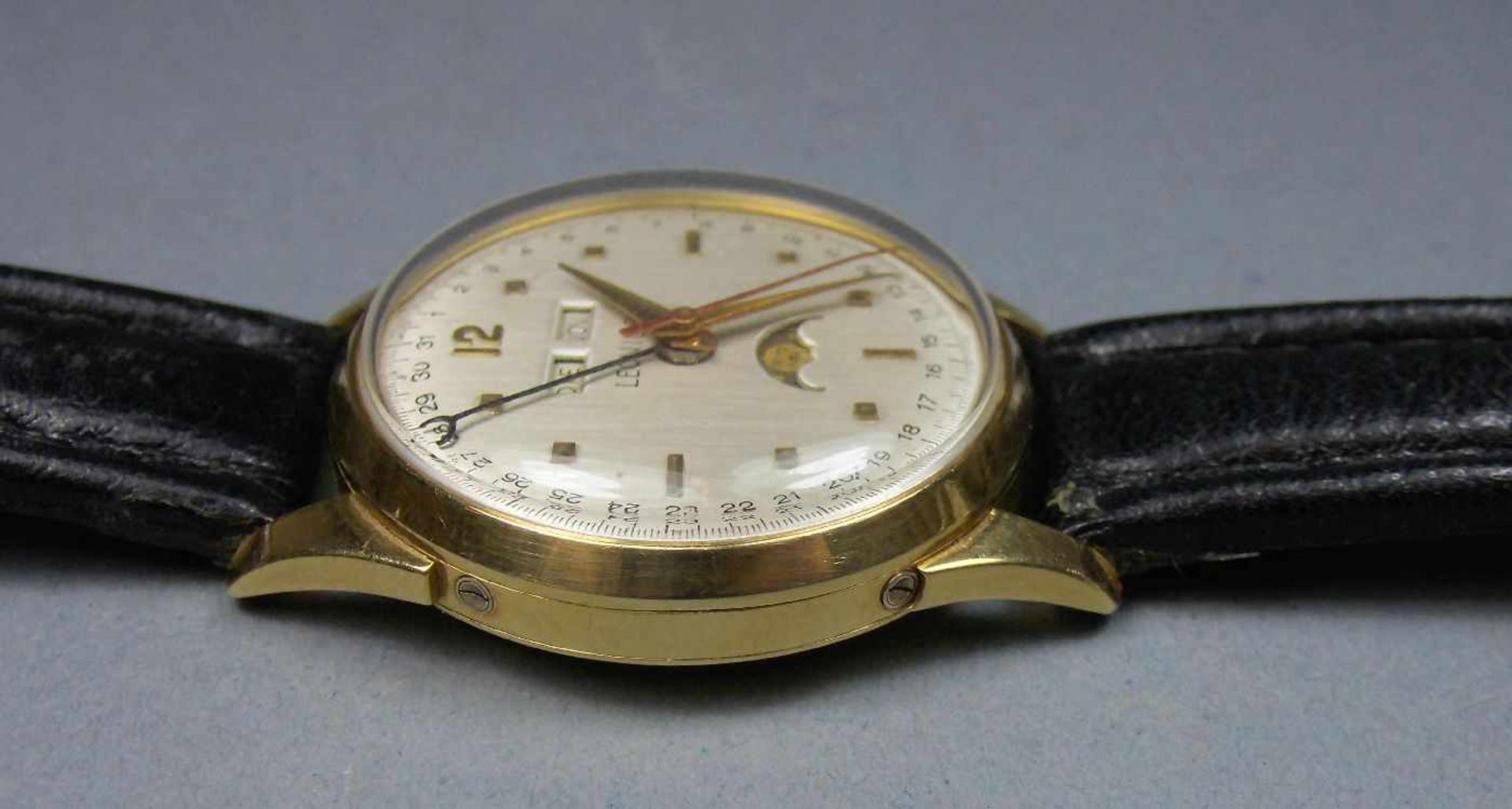 GOLDENE VINTAGE ARMBANDUHR / CHRONOGRAPH MIT VOLLKALENDER / wristwatch, Handaufzug, Manufaktur - Bild 3 aus 7