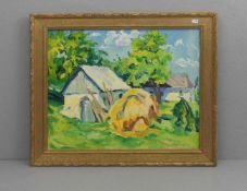 KRASNOV, ALEXEIJ (geb. 1923), Gemälde / painting: "Landschaft mit Gehöft und Heuschober", Öl auf