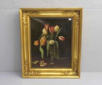 GEMÄLDE: "Blumenstillleben mit Tulpen", Öl auf Leinwand / oil on canvas, revers auf Keilrahmen