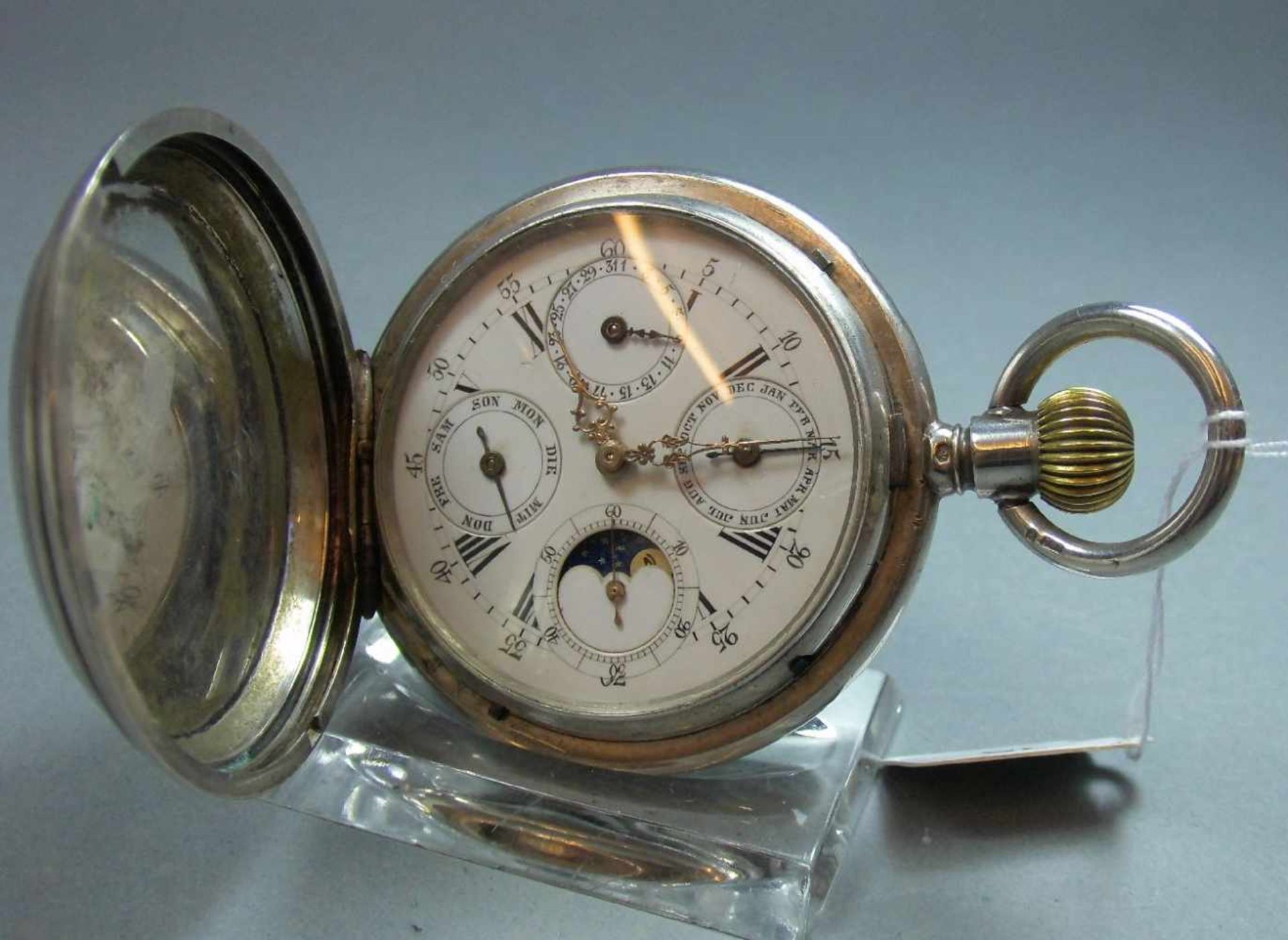 ASTRONOMISCHE SAVONETTE-TASCHENUHR / pocket watch, wohl Schweiz, Silbergehäuse (mit Säure