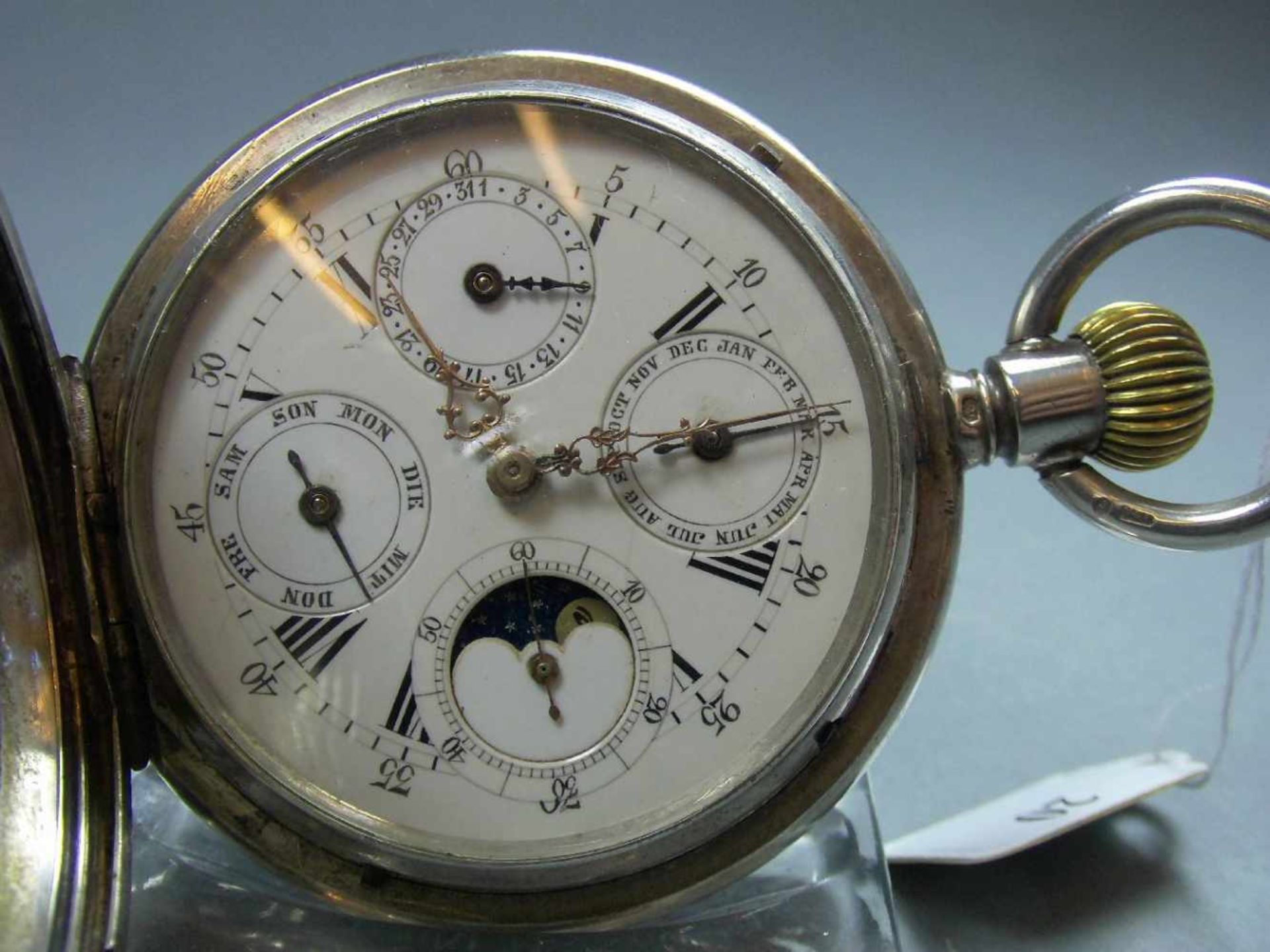 ASTRONOMISCHE SAVONETTE-TASCHENUHR / pocket watch, wohl Schweiz, Silbergehäuse (mit Säure - Bild 2 aus 9