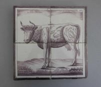 FLIESENBILD "Kuh", aus vier Fliesen, Keramik, Delft, 18./19. Jh.; Mangan / violett-rote