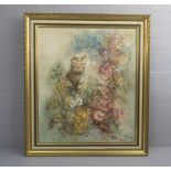 MADJID, RAHNAVARD (geb. 1943 in Teheran), Gemälde / painting: "Blumenstillleben mit Katze, Öl auf