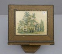 BIEDERMEIER - BUCHSTÄNDER / LESESTÄNDER, um 1840; Holz mit Papierkaschierung und Stickerei.